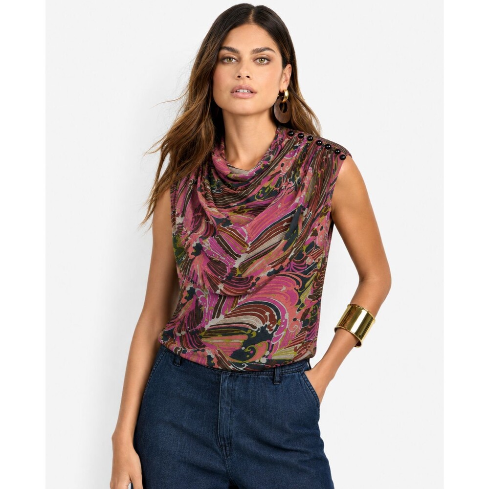Trina Turk Cowl Neck Top Womens L Pink Brown Abstract Print Button Shoulder Mod